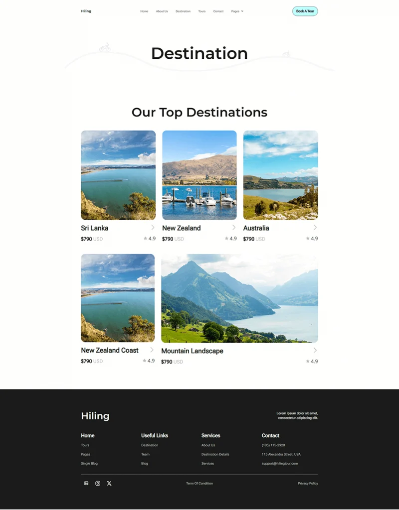 户外/旅行 Elementor 模板目的地列表预览