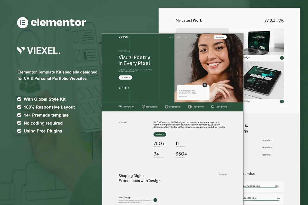 UI/UX 设计师数字作品集Elementor网站模板_一键导入快速建站插图-WP资源海 个人 Elementor 网站模板封面