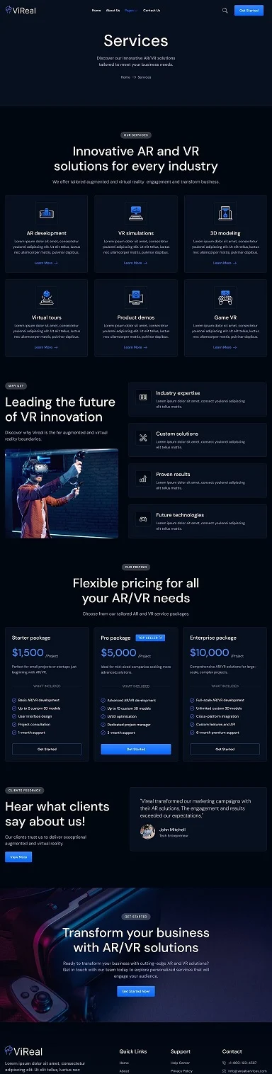 AR/VR服务Elementor网站模板_一键导入快速建站插图3-WP资源海 科技/数码 Elementor 模板服务页面预览