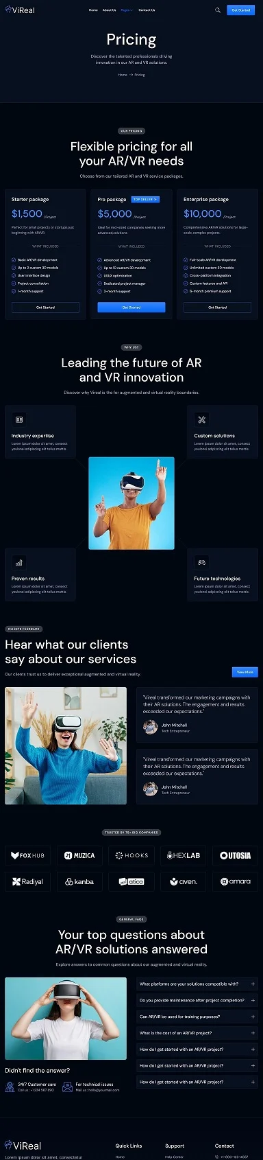 AR/VR服务Elementor网站模板_一键导入快速建站插图5-WP资源海 科技/数码 Elementor 模板价格页面预览