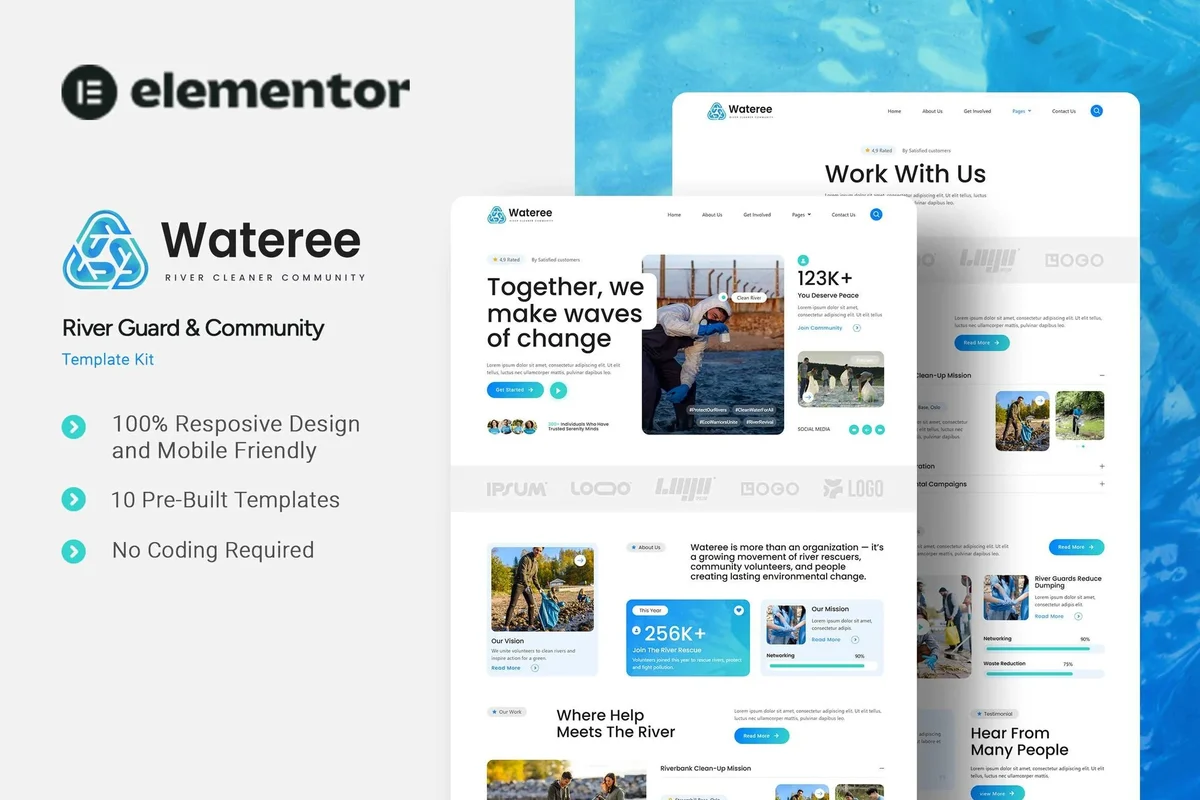 河流守护/环保社群Elementor网站模板_一键导入快速建站插图-WP资源海 社交 Elementor 网站模板封面