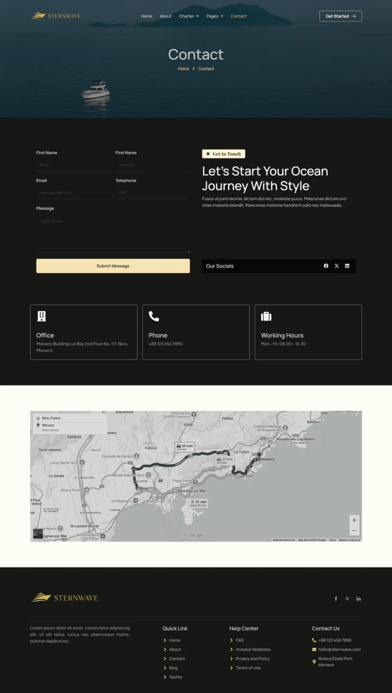 游艇俱乐部Elementor网站模板_一键导入快速建站插图1-WP资源海 户外/旅行 Elementor 模板联系页面预览