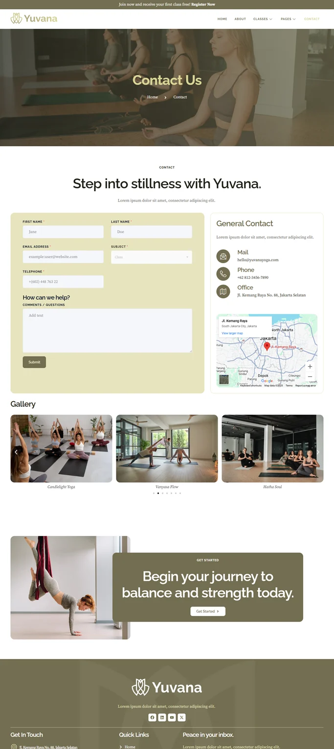 瑜伽课程Elementor网站模板_一键导入快速建站插图2-WP资源海 瑜伽/冥想 Elementor 模板联系页面预览