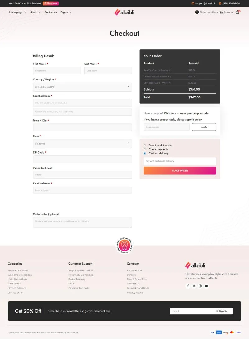 时尚配饰零售Elementor网站模板_一键导入快速建站插图5-WP资源海 电商 Elementor 模板结账页面预览