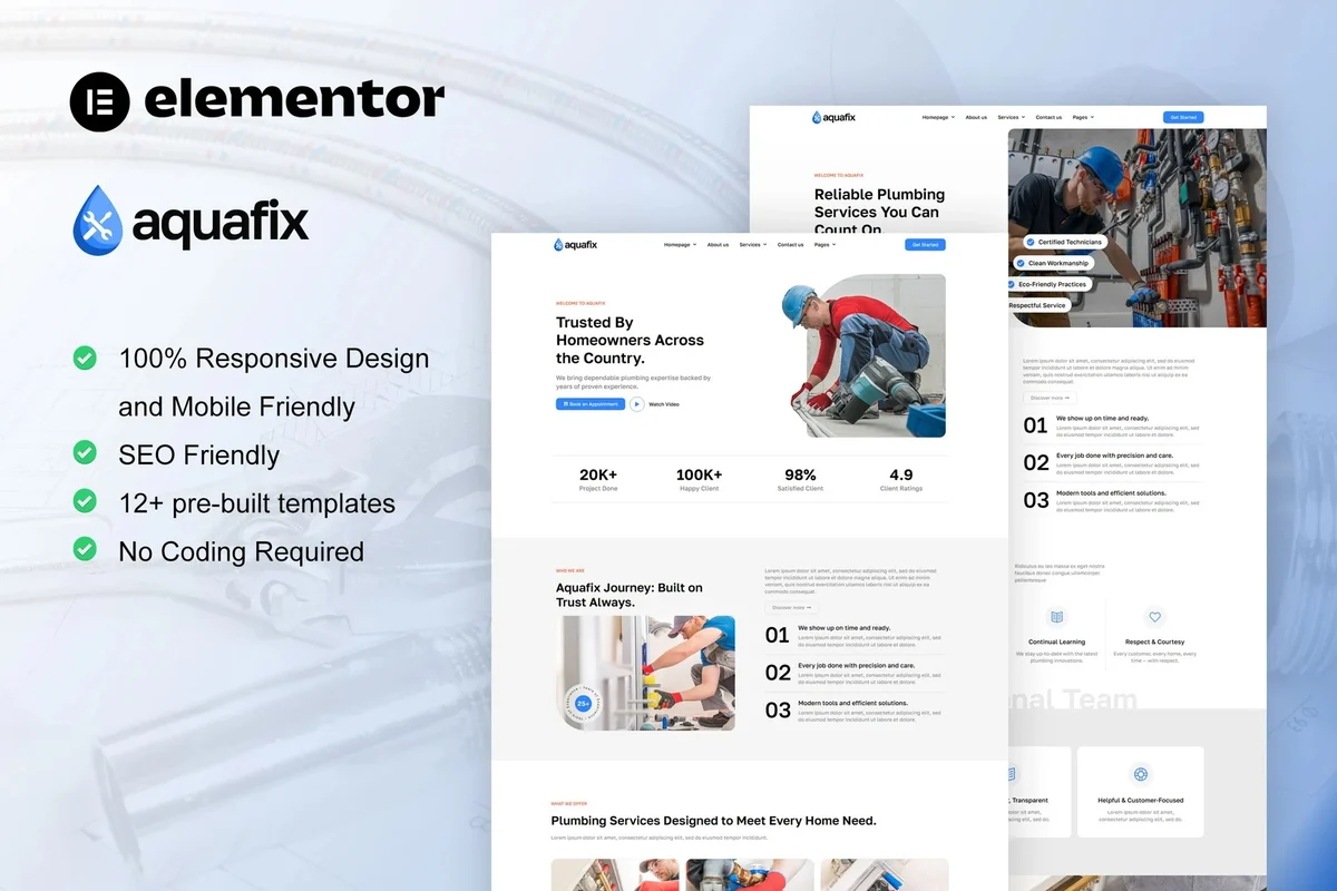 居家管道维修Elementor网站模板_一键导入快速建站插图-WP资源海 家政 Elementor 网站模板封面