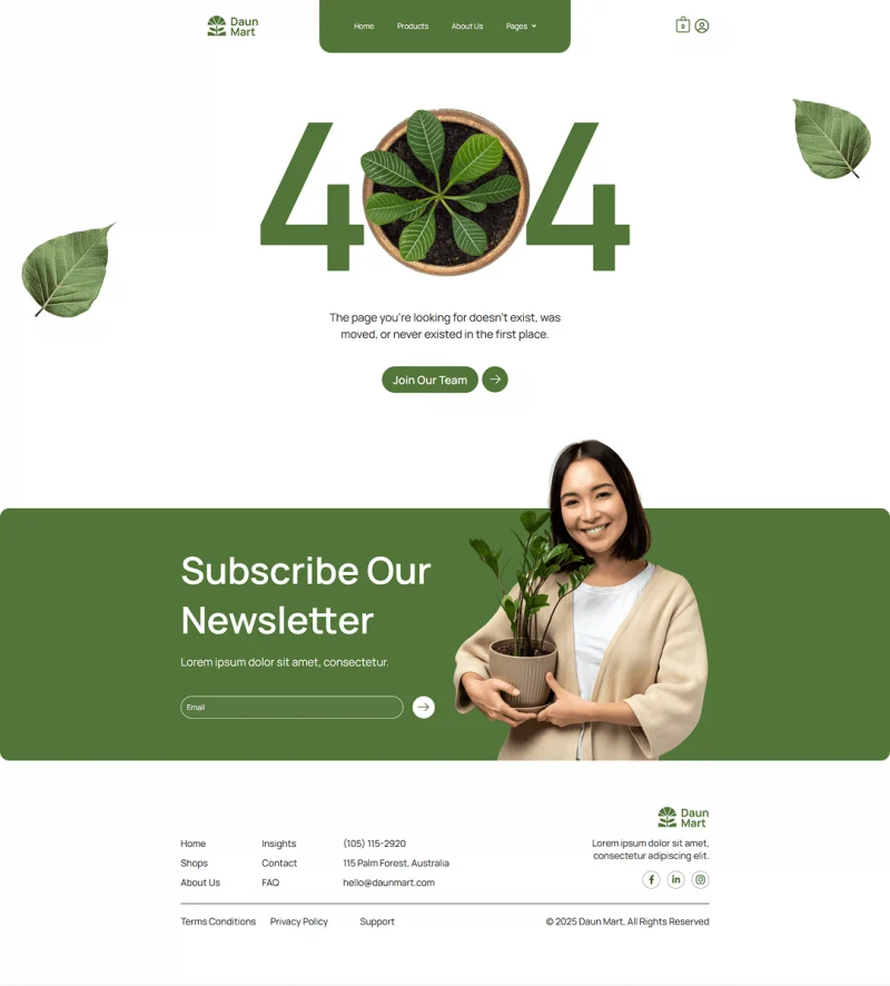 绿植商城Elementor网站模板_一键导入快速建站插图5-WP资源海 💐花卉/绿植 Elementor 模板404页面预览