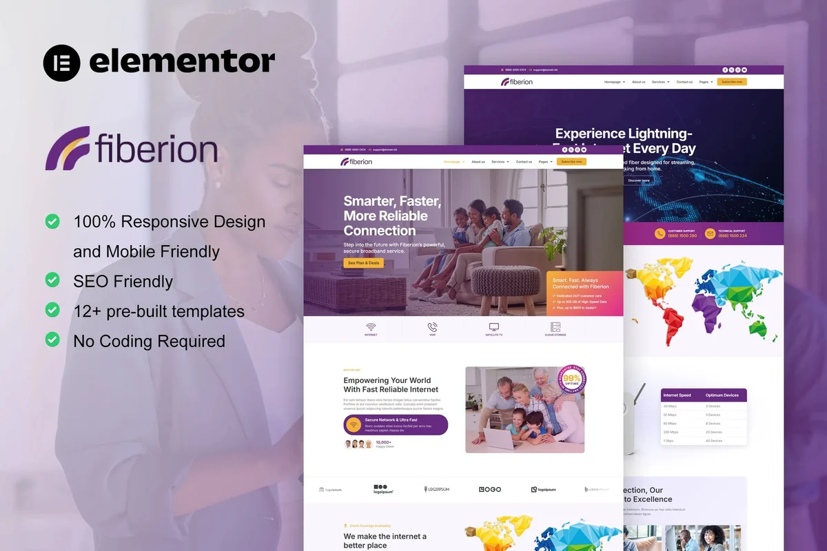 光纤互联网服务Elementor网站模板_一键导入快速建站插图-WP资源海 IT互联网 Elementor 网站模板封面