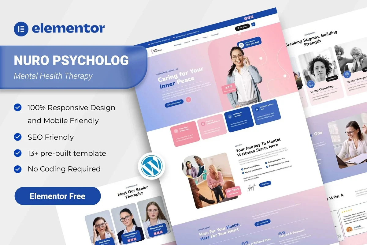心理理疗服务Elementor网站模板_一键导入快速建站插图-WP资源海 健康/医药 Elementor 网站模板封面