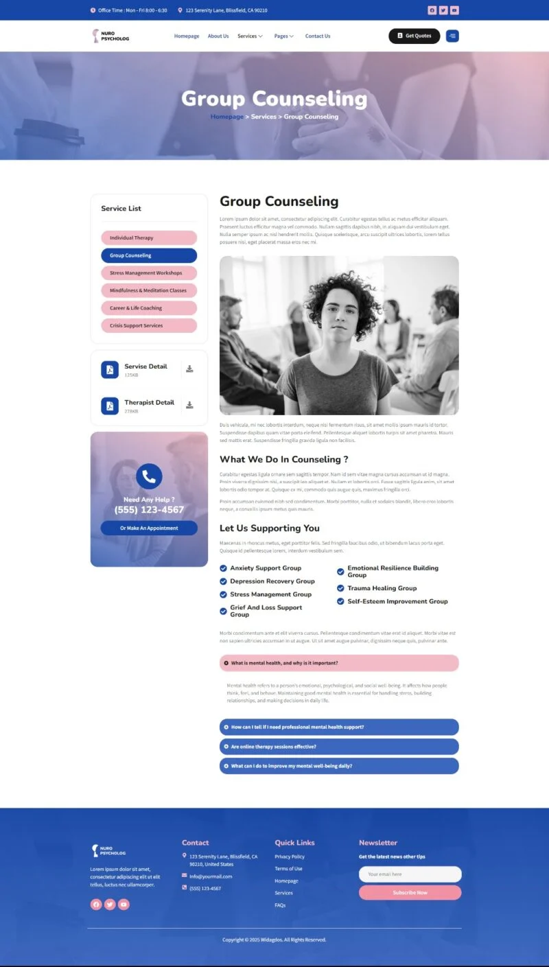 心理理疗服务Elementor网站模板_一键导入快速建站插图4-WP资源海 健康/医药 Elementor 模板服务详情预览
