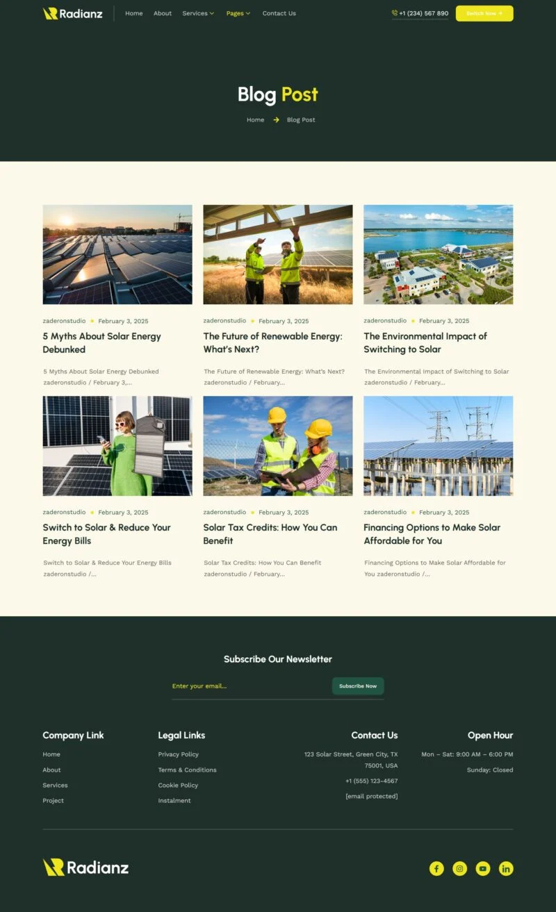 太阳能工业Elementor网站模板_一键导入快速建站插图3-WP资源海 工业/工厂 Elementor 模板博客页面预览