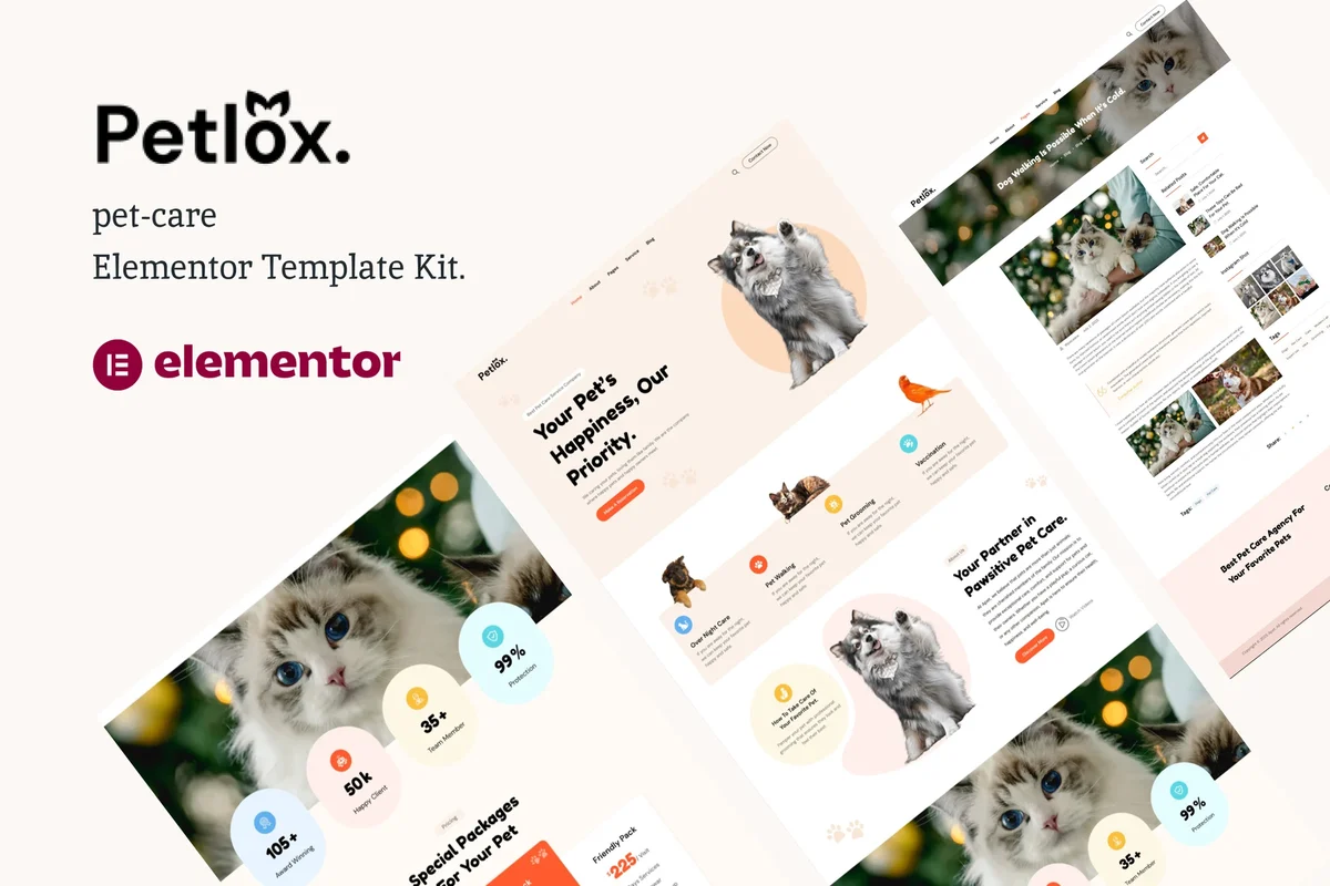 宠物托管寄养Elementor网站模板_一键导入快速建站插图-WP资源海 家政 Elementor 网站模板封面