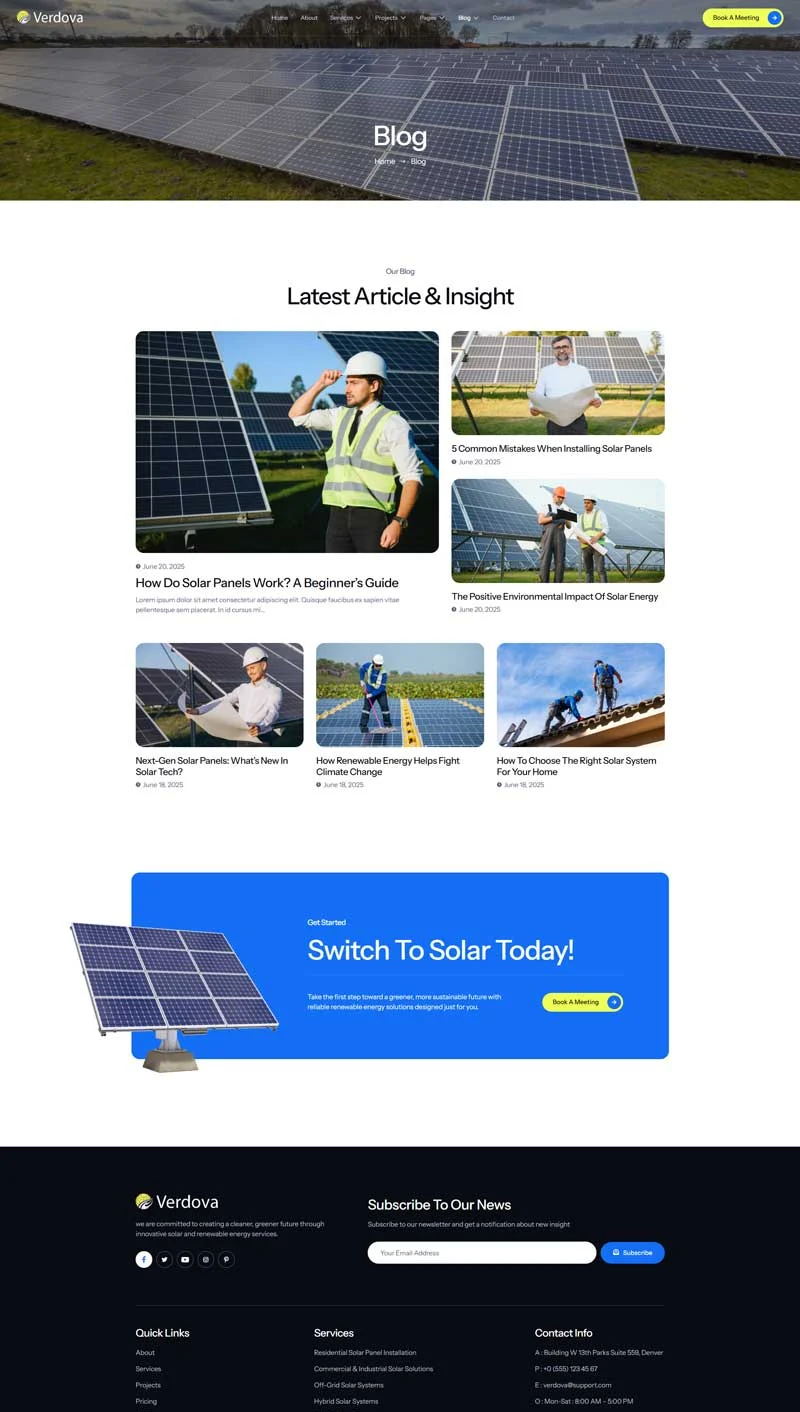 太阳能工程服务Elementor网站模板_一键导入快速建站插图5-WP资源海 工业/工厂 Elementor 模板博客页面预览