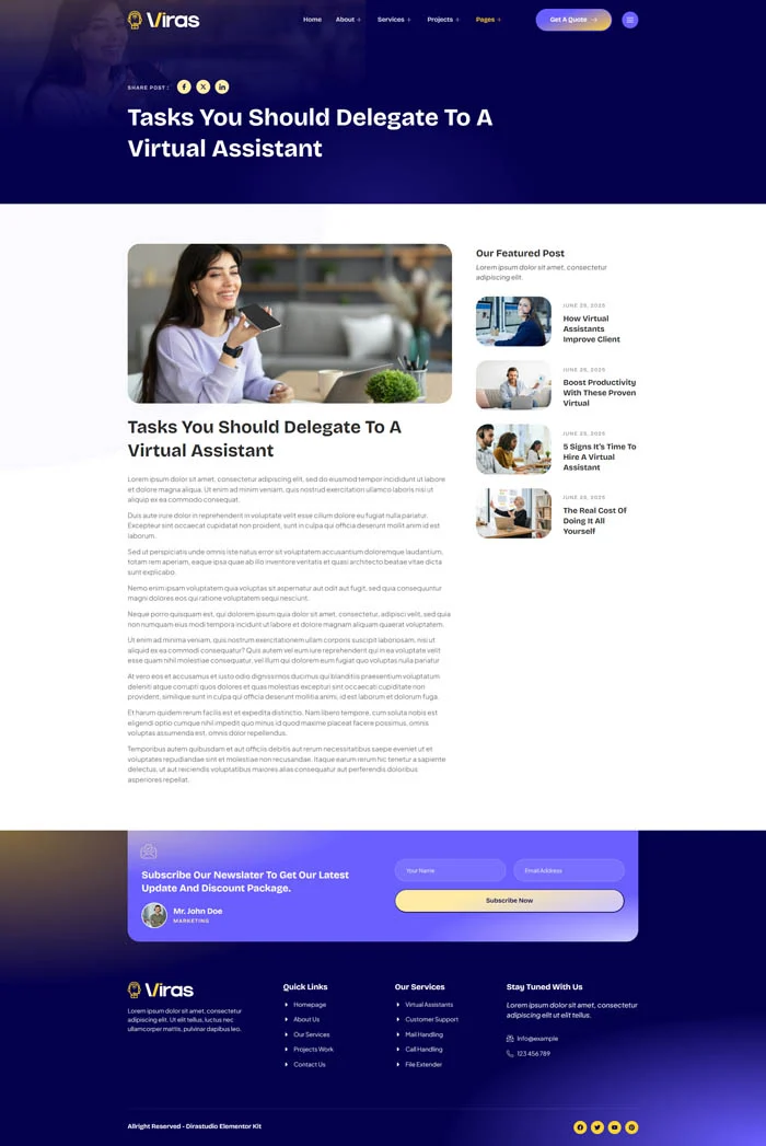 在线虚拟助理服务Elementor网站模板_一键导入快速建站插图2-WP资源海 服务/咨询 Elementor 模板博客页面预览