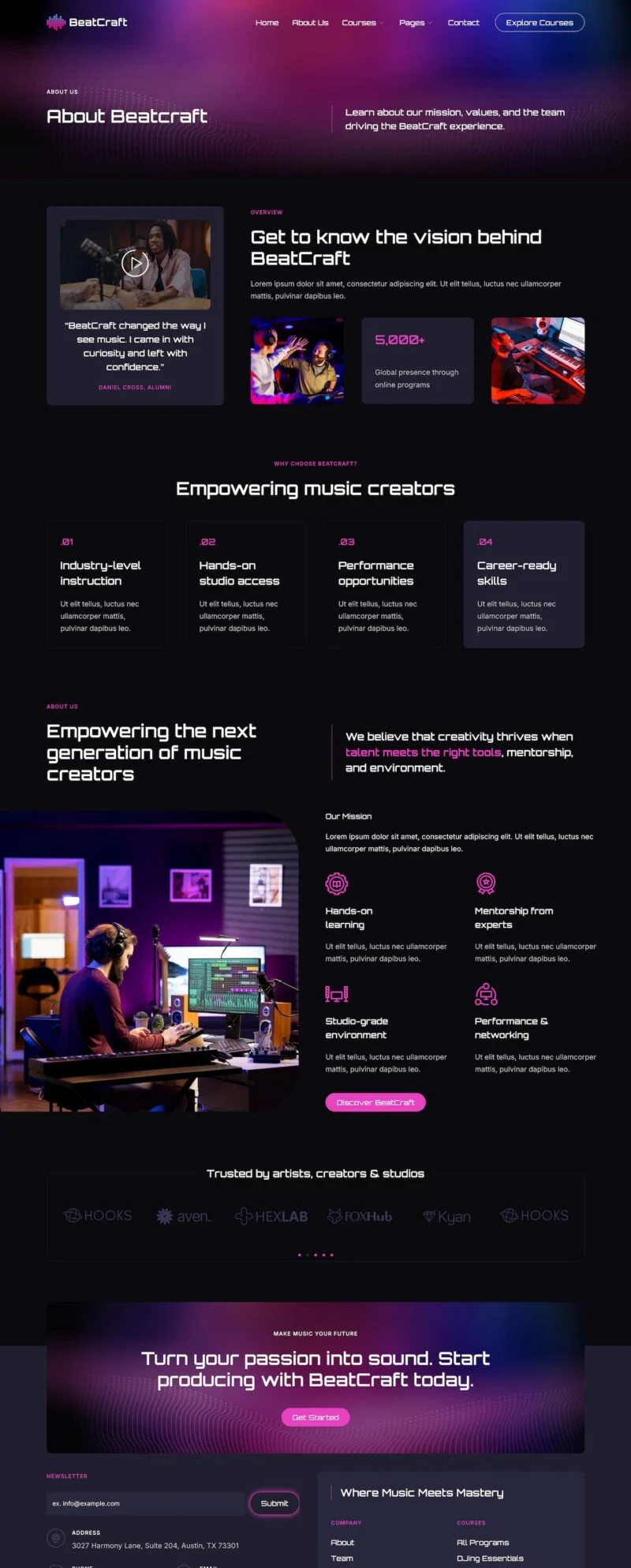 DJ音乐制作培训Elementor网站模板_一键导入快速建站插图2-WP资源海 学校 Elementor 模板关于我们预览