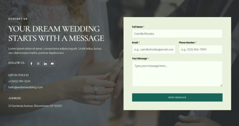 婚典策划Elementor网站模板_一键导入快速建站插图7-WP资源海 婚礼/婚庆 Elementor 模板联系表单预览