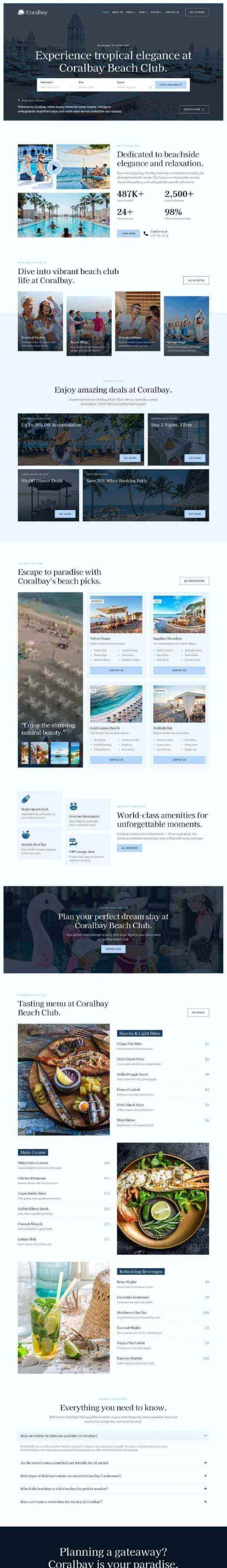 海滩俱乐部度假村Elementor网站模板_一键导入快速建站插图1-WP资源海 旅馆/酒店 Elementor 模板首页预览
