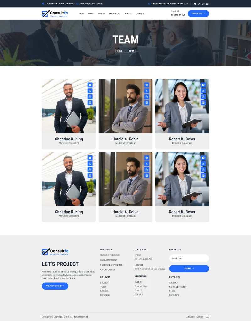 服务/咨询 Elementor 模板团队页面预览