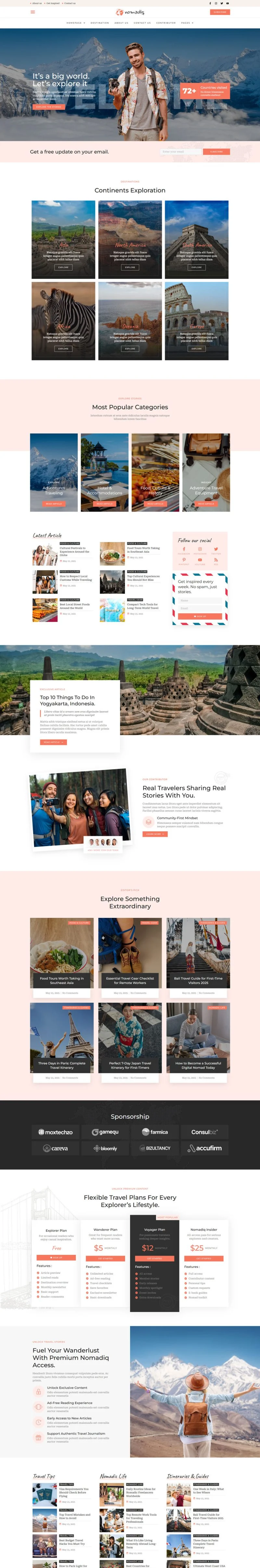 旅行杂志博客Elementor网站模板_一键导入快速建站插图1-WP资源海 户外/旅行 Elementor 模板首页预览