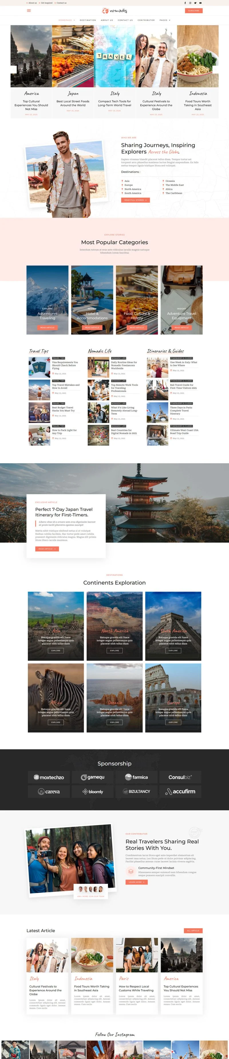 旅行杂志博客Elementor网站模板_一键导入快速建站插图5-WP资源海 户外/旅行 Elementor 模板首页预览