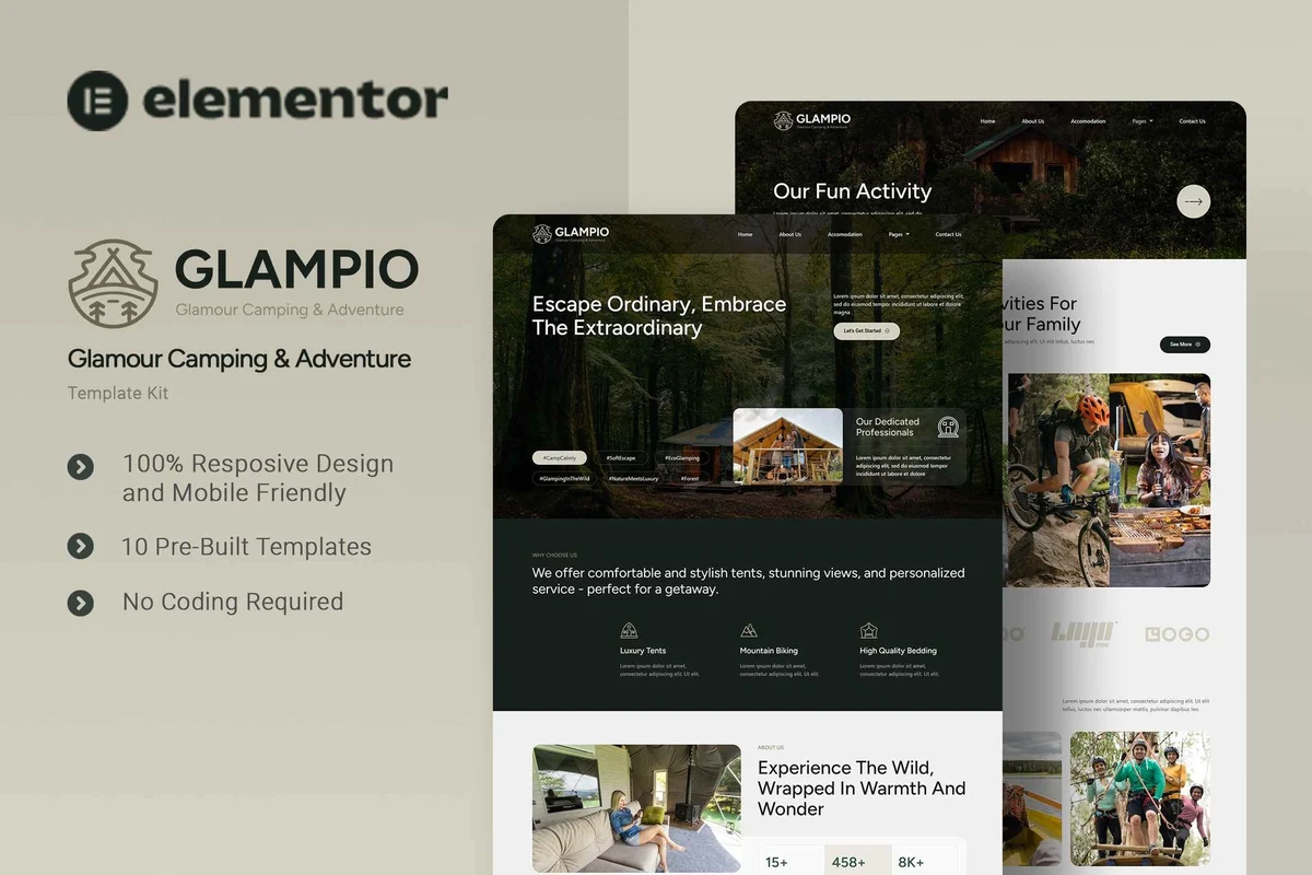 野奢营地Elementor网站模板_一键导入快速建站插图-WP资源海 户外/旅行 Elementor 网站模板封面