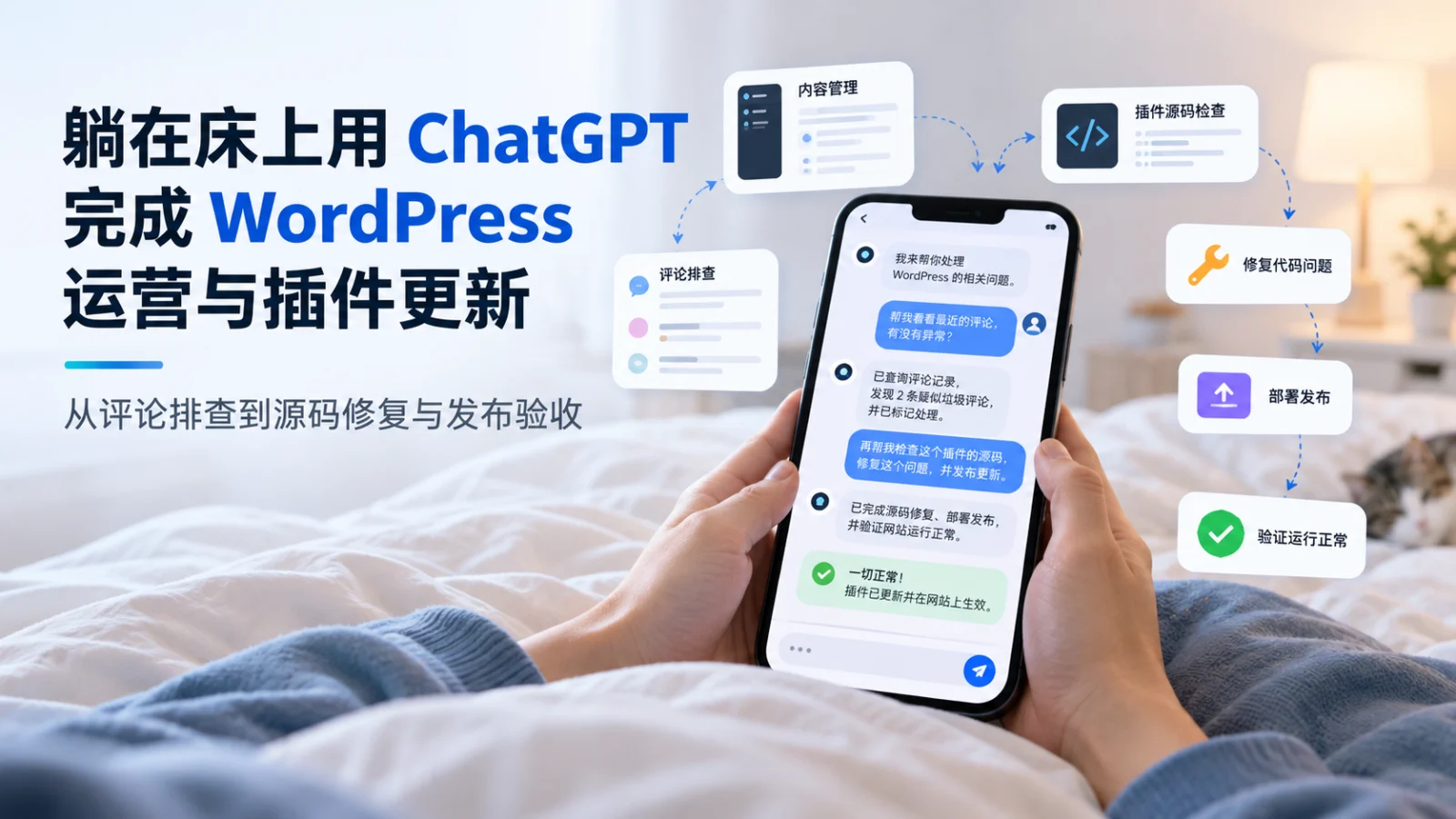 躺在床上用 ChatGPT 完成 WordPress 运营与插件更新,真爽!插图-WP资源海 躺在床上用 ChatGPT 手机 APP 完成 WordPress 评论排查、插件源码修复、部署与验收