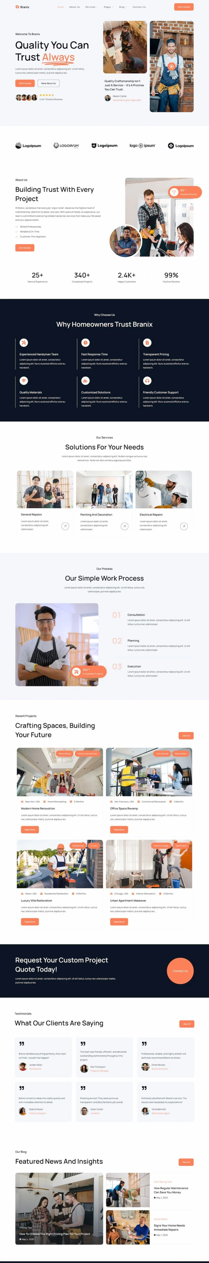 家居物业维修Elementor网站模板_一键导入快速建站插图1-WP资源海 维修 Elementor 模板首页预览