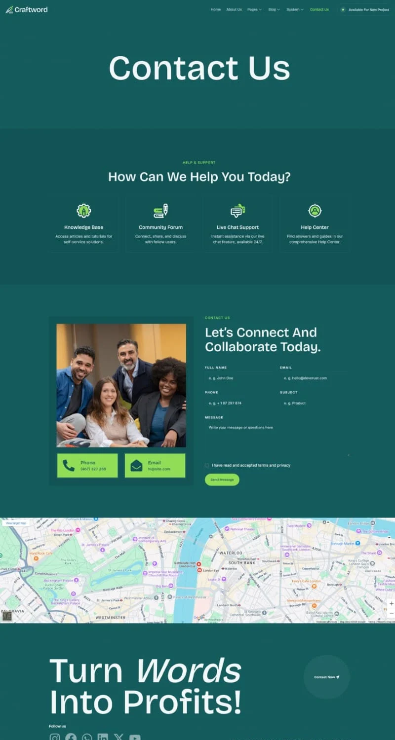 创意内容与文案Elementor网站模板_一键导入快速建站插图3-WP资源海 艺术/设计 Elementor 模板联系页面预览