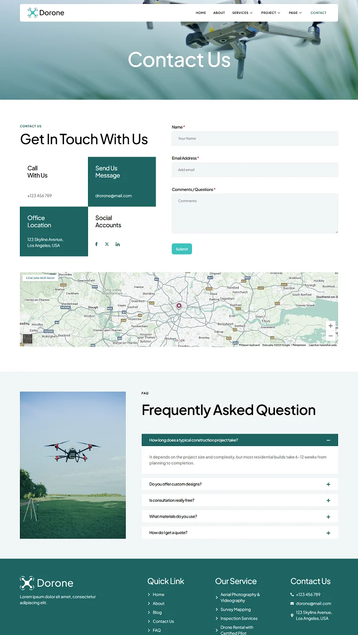 航拍服务Elementor网站模板_一键导入快速建站插图2-WP资源海 摄影 Elementor 模板联系页面预览