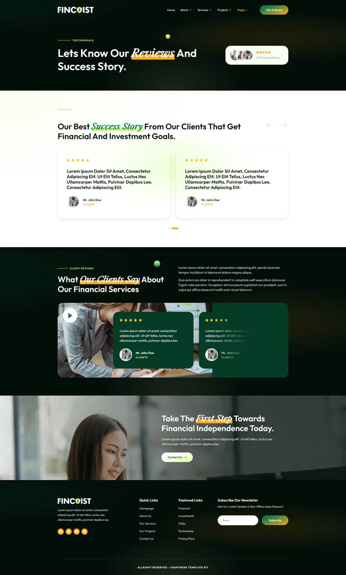 金融/投资 Elementor 模板客户评价预览