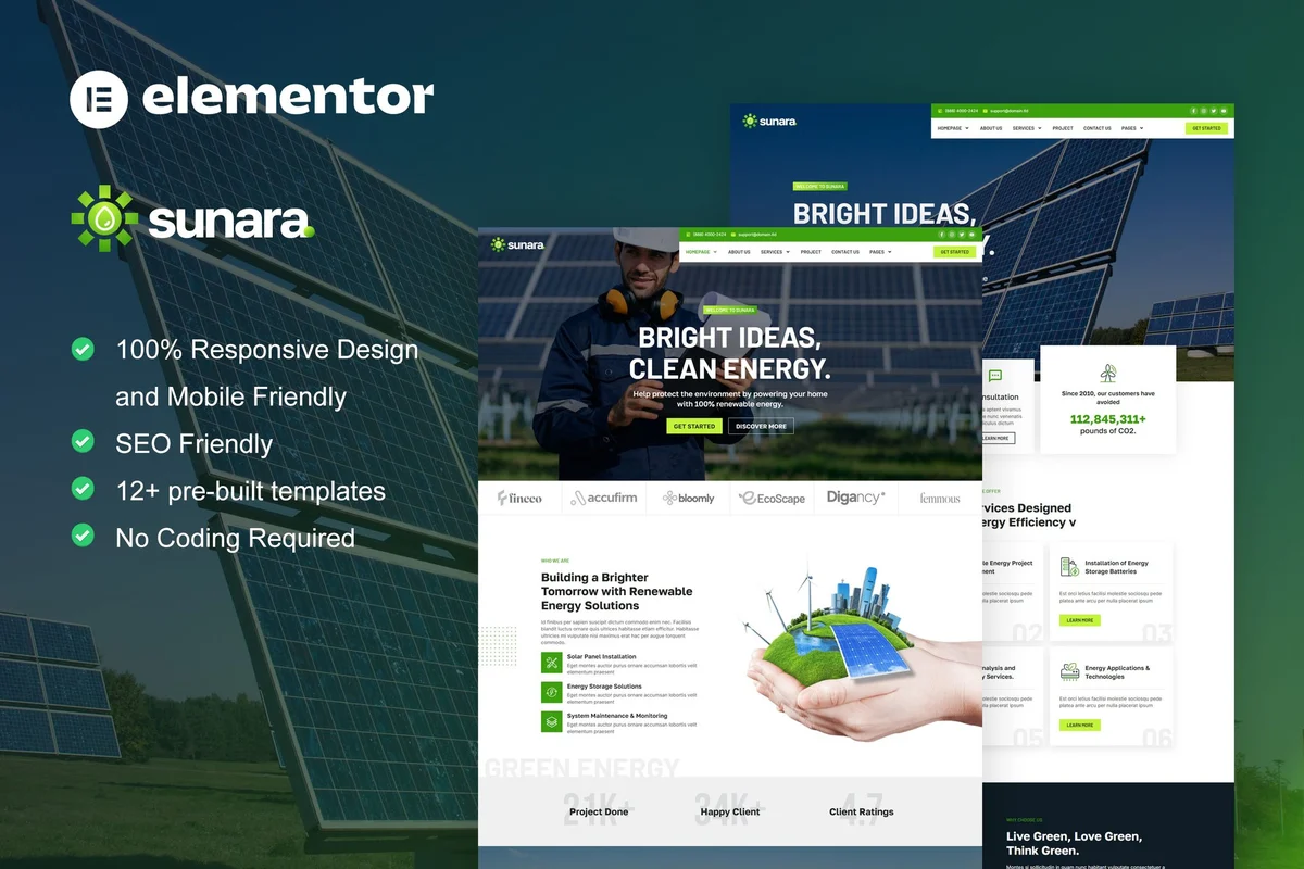 光伏安装工程Elementor网站模板_一键导入快速建站