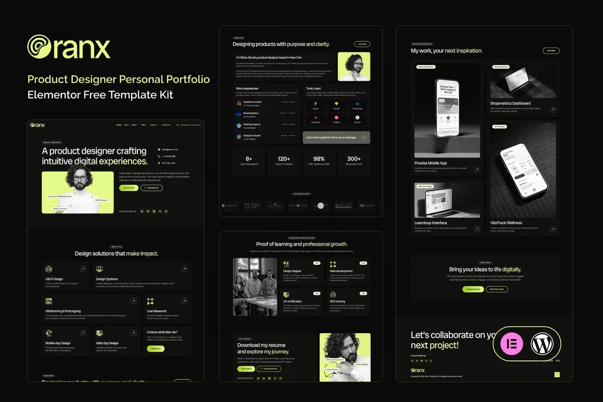 产品设计师作品集Elementor网站模板_一键导入快速建站插图-WP资源海 个人 Elementor 网站模板封面