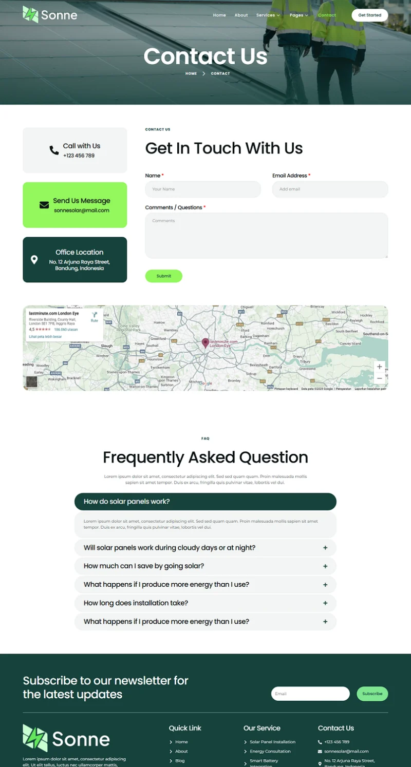 光伏发电系统Elementor网站模板_一键导入快速建站插图2-WP资源海 工业/工厂 Elementor 模板联系页面预览