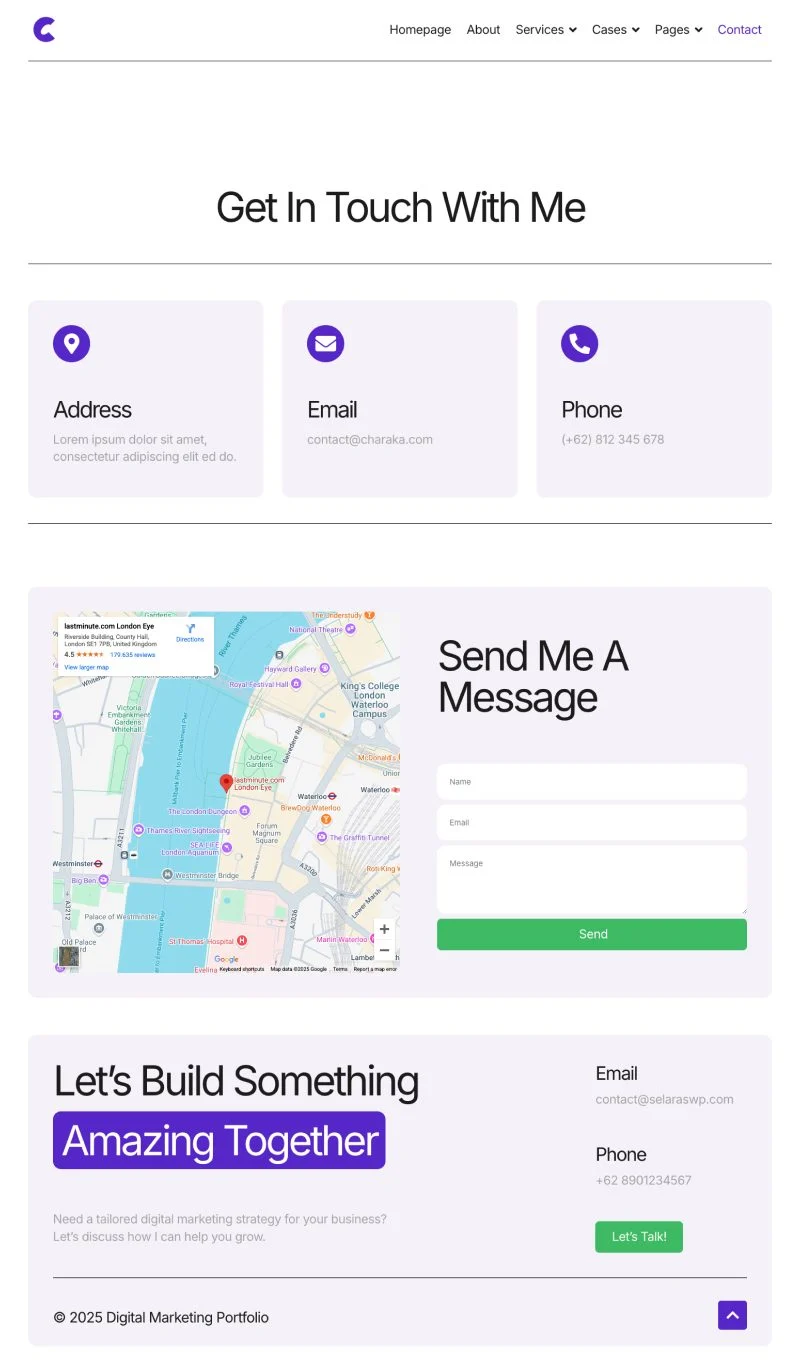 营销顾问作品集Elementor网站模板_一键导入快速建站插图1-WP资源海 个人 Elementor 模板联系页面预览