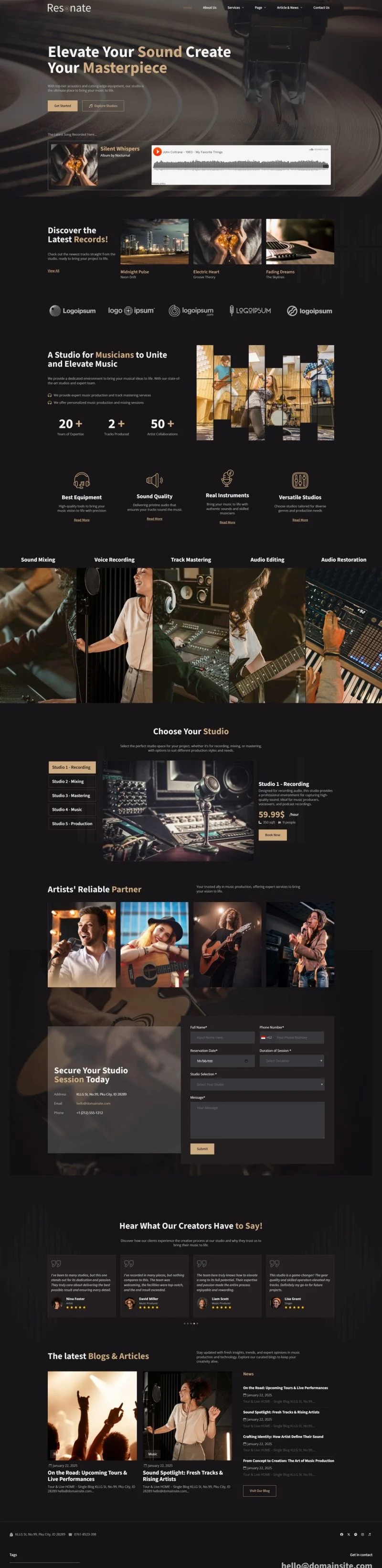 音乐工作室租赁Elementor网站模板_一键导入快速建站插图1-WP资源海 DJ/唱片 Elementor 模板首页预览
