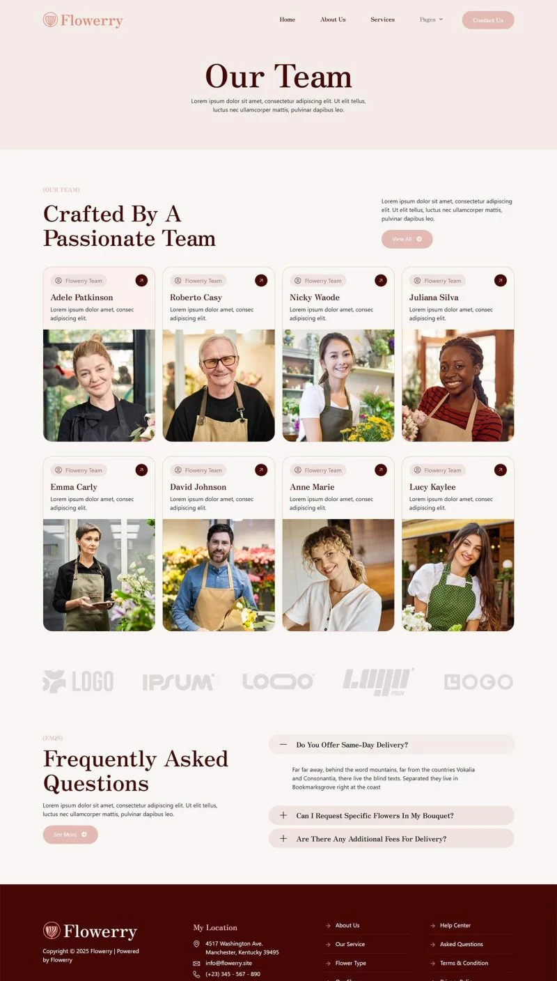 花店Elementor网站模板_一键导入快速建站插图5-WP资源海 💐花卉/绿植 Elementor 模板团队页面预览