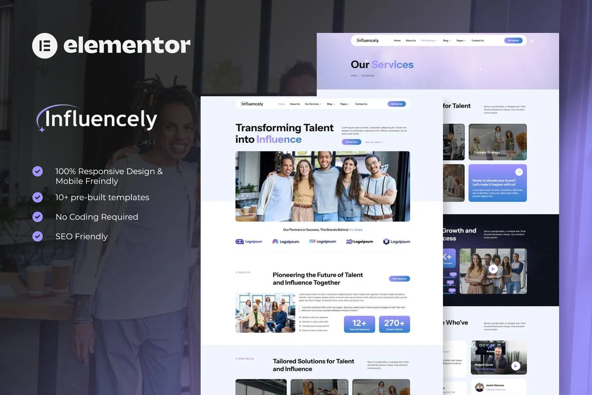 网红人才代理Elementor网站模板_一键导入快速建站插图-WP资源海 社交 Elementor 网站模板封面