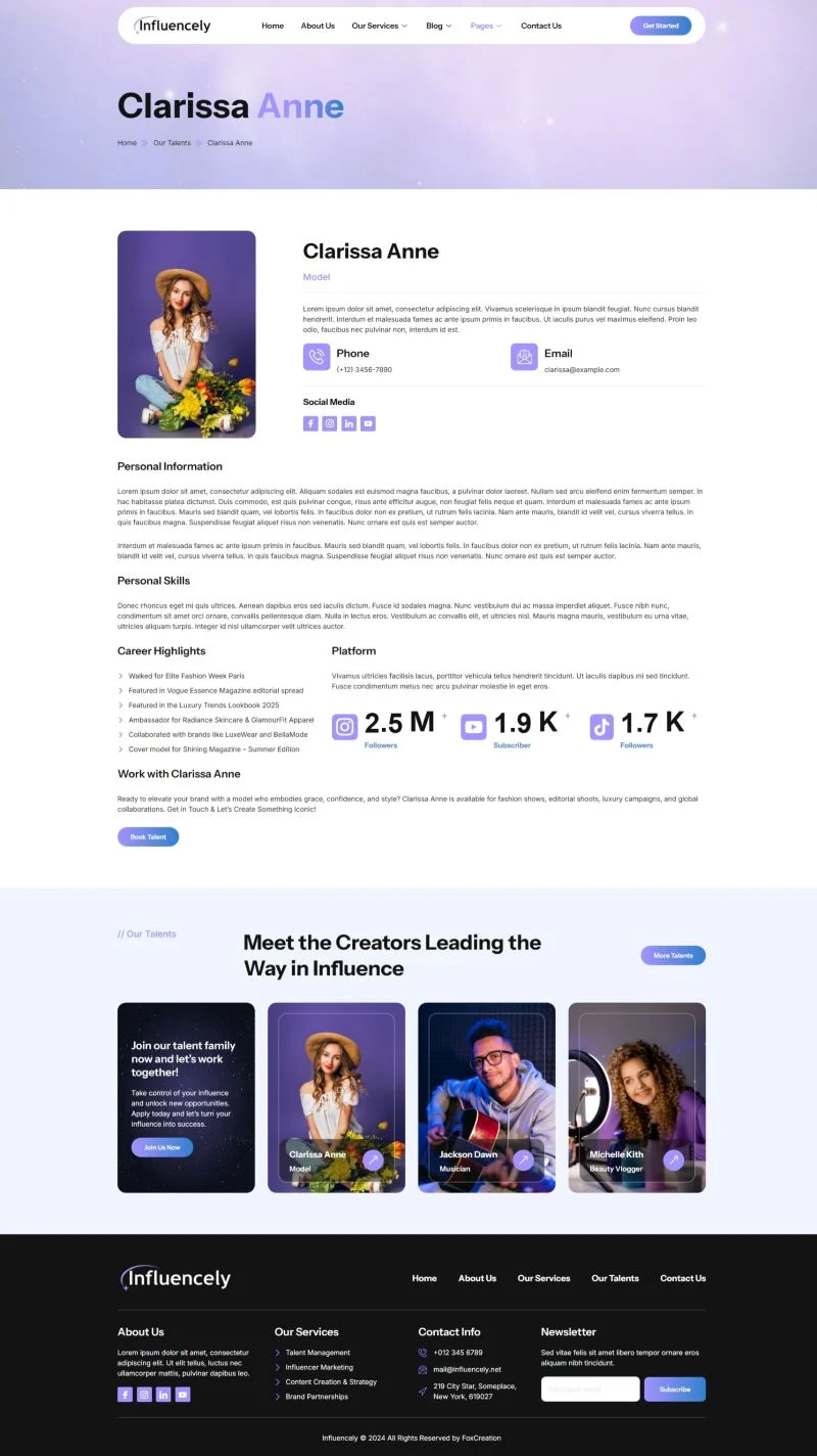 网红人才代理Elementor网站模板_一键导入快速建站插图2-WP资源海 社交 Elementor 模板人才详情预览