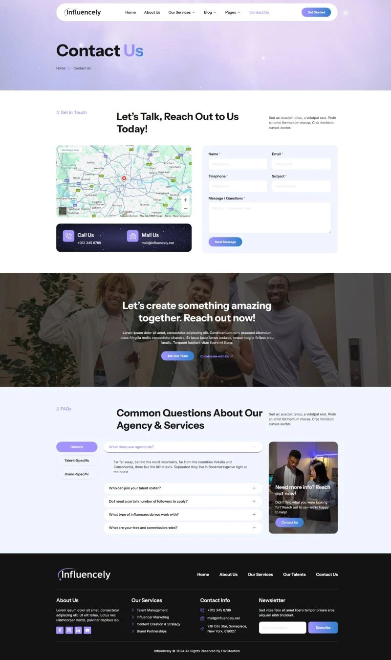 网红人才代理Elementor网站模板_一键导入快速建站插图4-WP资源海 社交 Elementor 模板联系页面预览