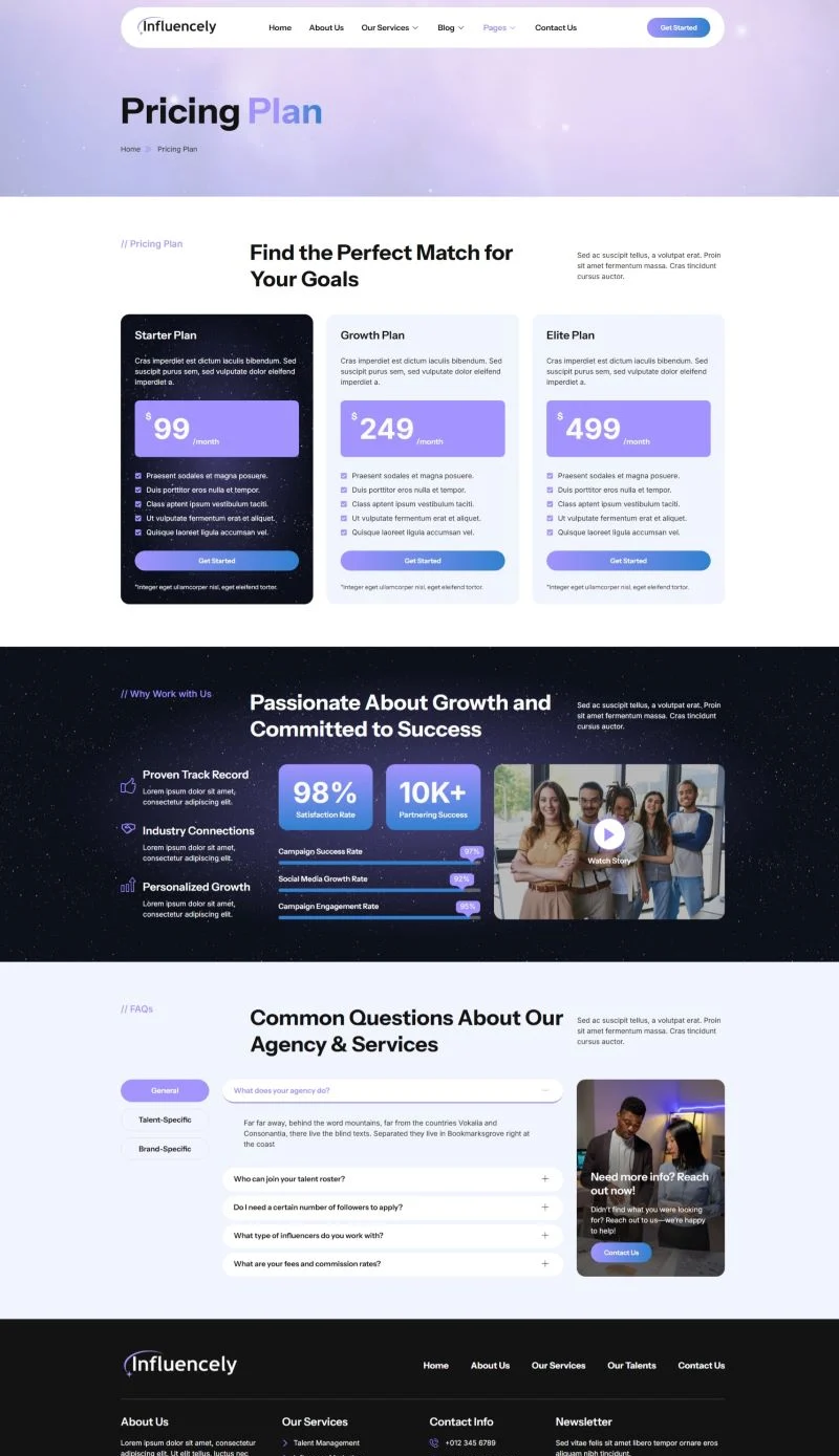 网红人才代理Elementor网站模板_一键导入快速建站插图5-WP资源海 社交 Elementor 模板价格页面预览