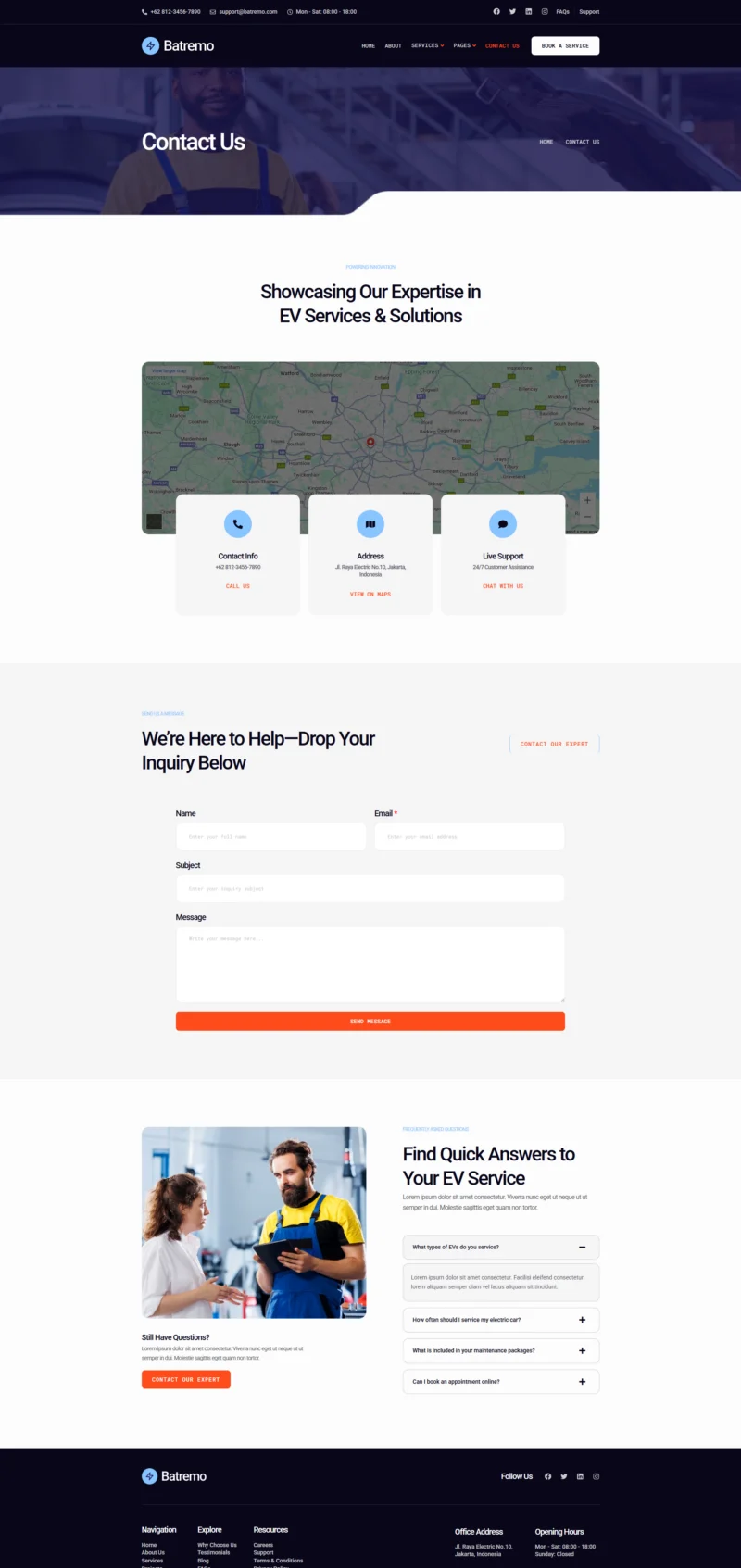 新能源车维修保养Elementor网站模板_一键导入快速建站插图2-WP资源海 交通工具 Elementor 模板联系页面预览