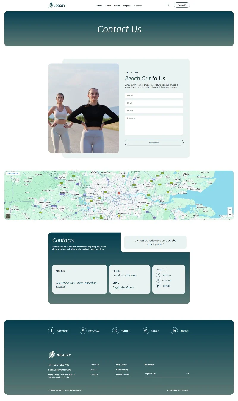 跑步运动Elementor网站模板_一键导入快速建站插图4-WP资源海 运动/健身 Elementor 模板联系页面预览