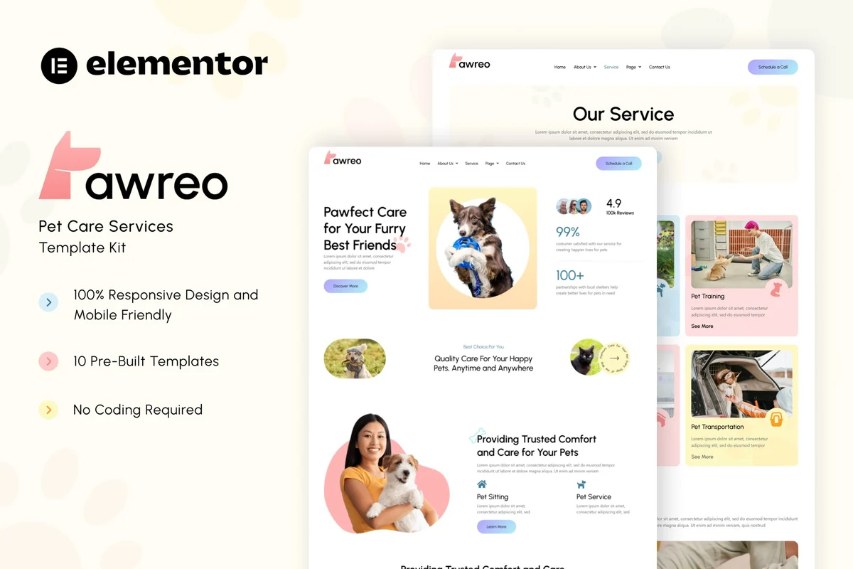 宠物托管服务Elementor网站模板_一键导入快速建站插图-WP资源海 家政 Elementor 网站模板封面