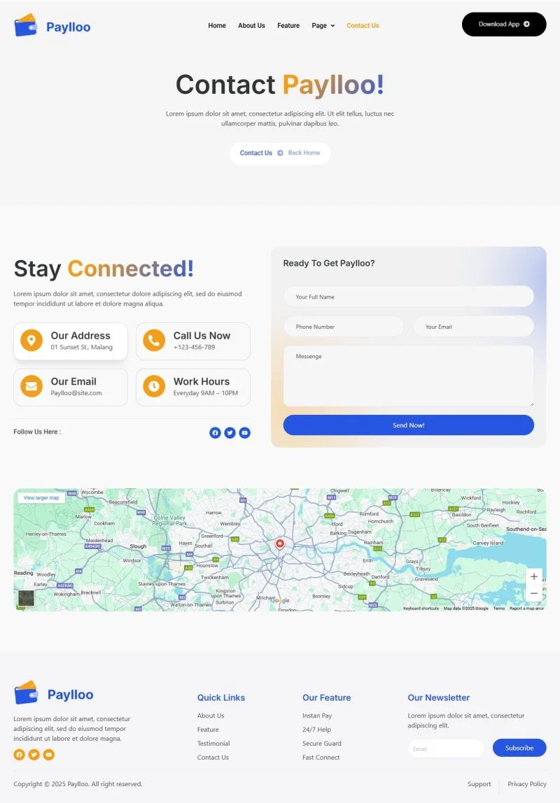 在线支付平台Elementor网站模板_一键导入快速建站插图2-WP资源海 金融/投资 Elementor 模板联系页面预览