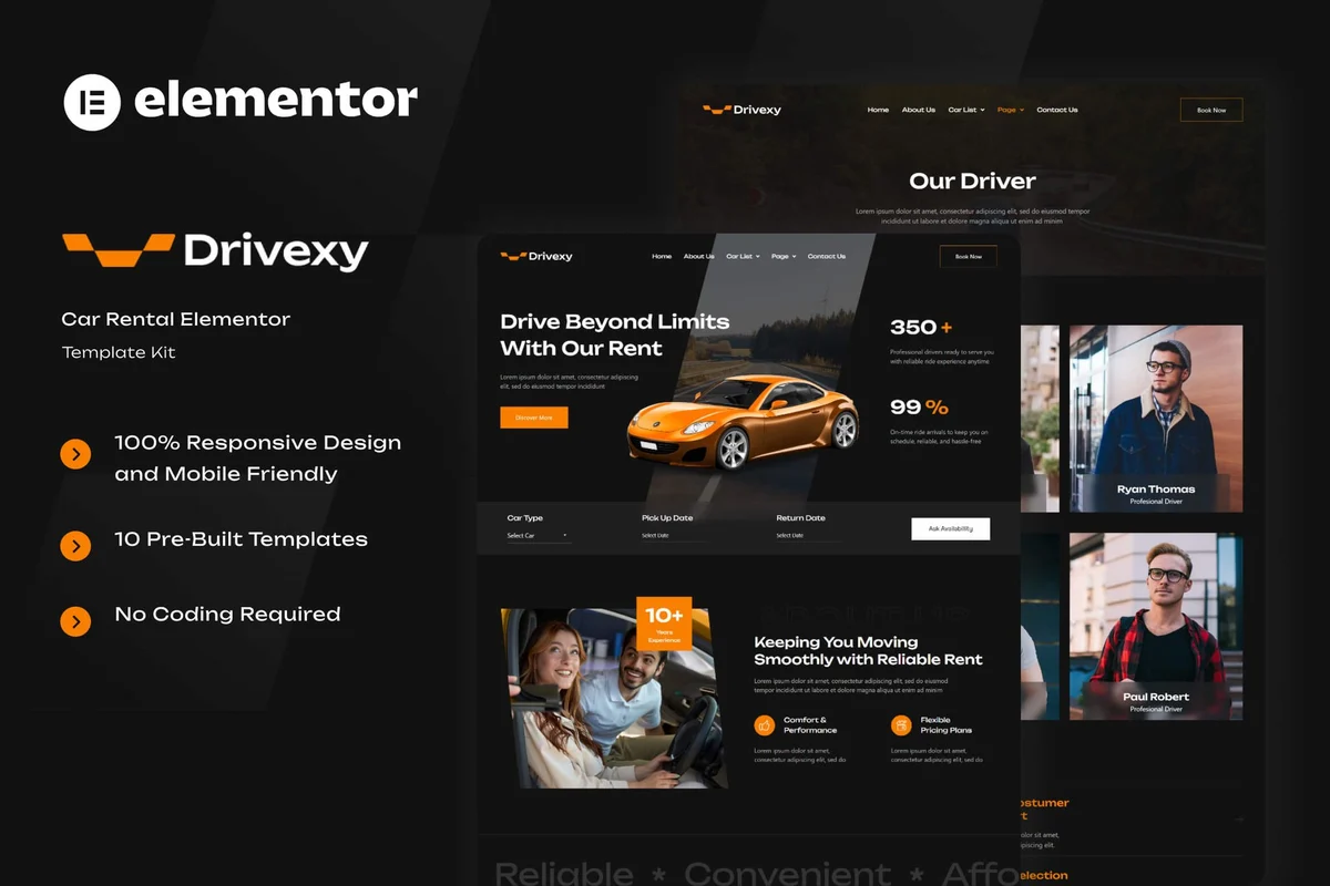 专车服务Elementor网站模板_一键导入快速建站插图-WP资源海 交通工具 Elementor 网站模板封面