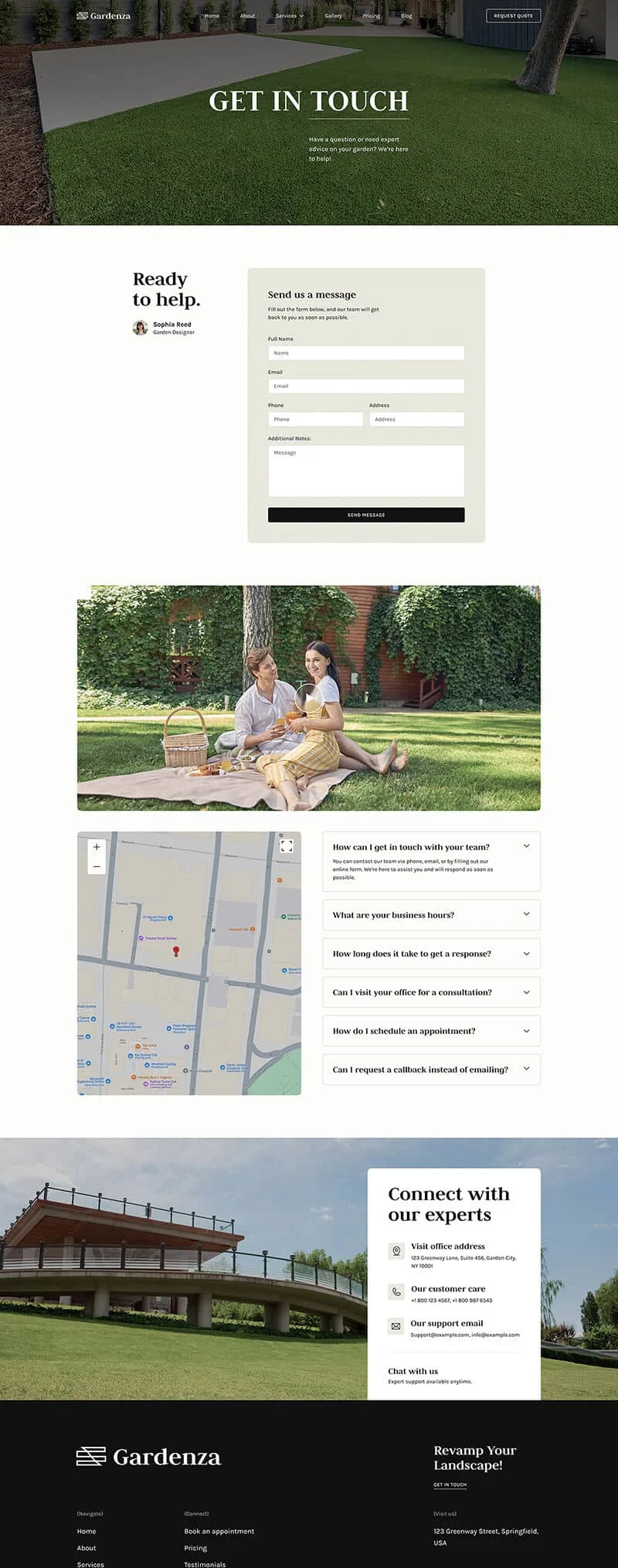 园艺设计与养护服务Elementor网站模板_一键导入快速建站插图3-WP资源海 💐花卉/绿植 Elementor 模板联系页面预览