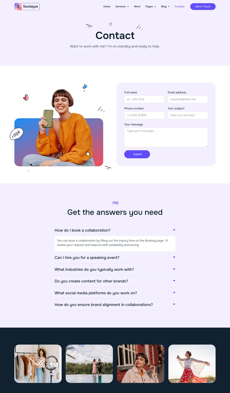 内容创作者合作Elementor网站模板_一键导入快速建站插图6-WP资源海 个人 Elementor 模板联系页面预览