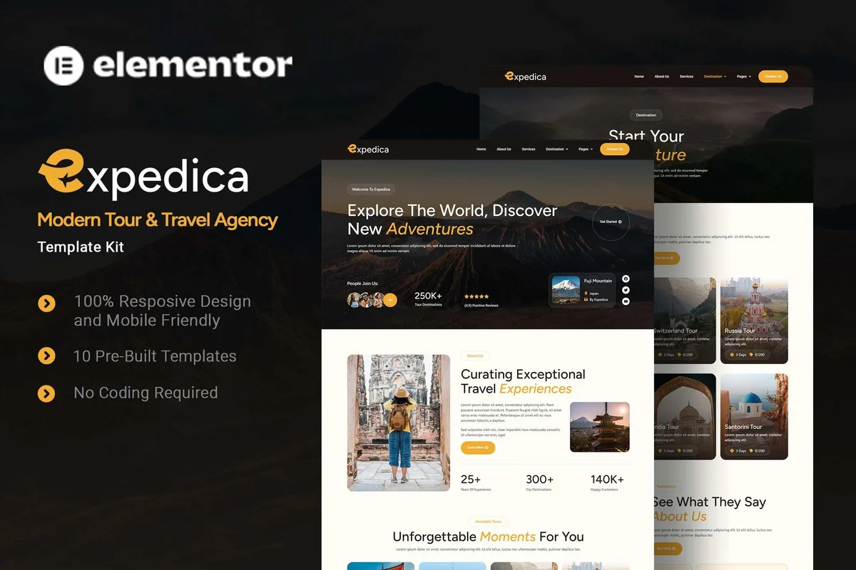 旅游代理Elementor网站模板_一键导入快速建站插图-WP资源海 户外/旅行 Elementor 网站模板封面