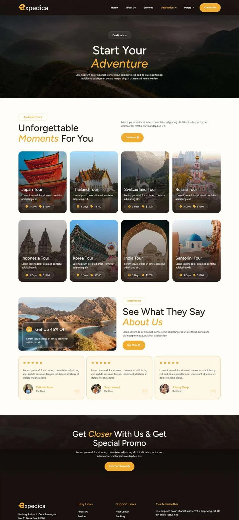 户外/旅行 Elementor 模板目的地列表预览