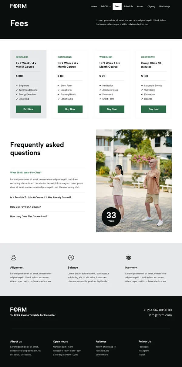 瑜伽/冥想 Elementor 模板课程收费预览