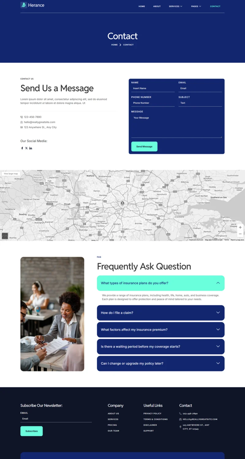 保险公司Elementor网站模板_一键导入快速建站插图2-WP资源海 企业 Elementor 模板联系页面预览